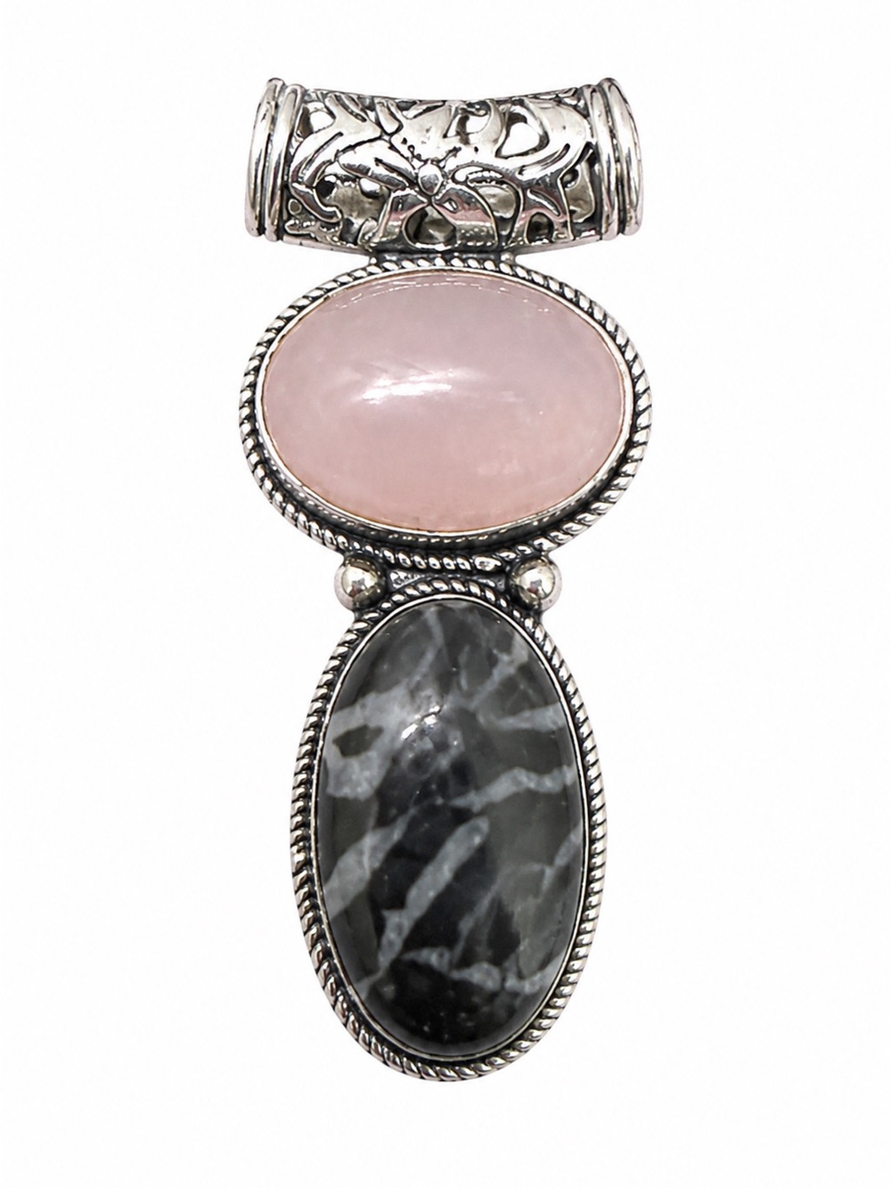 Sterling Silver Rose Quartz and Black Marble Double Stone Pendant